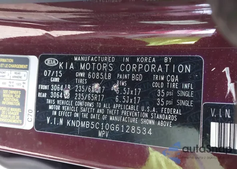 2016 Kia Sedona Lx z USA, uszkodzony, nr VIN KNDMB5C10G6128534